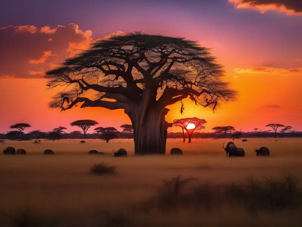 Culto dios escarabajo: Puesta de sol en la sabana africana con árbol baobab, tribus africanas y amuletos