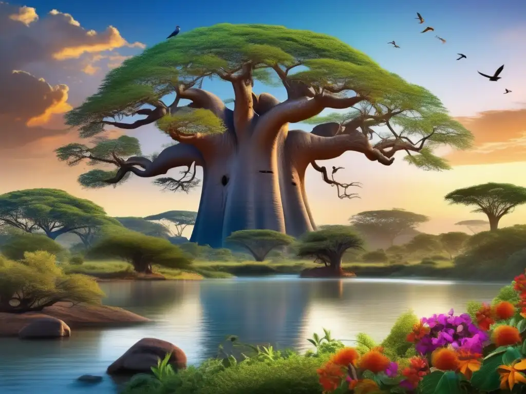 Espíritus de la Naturaleza en la creación africana: Imagen de paisaje africano místico con baobab, río y león