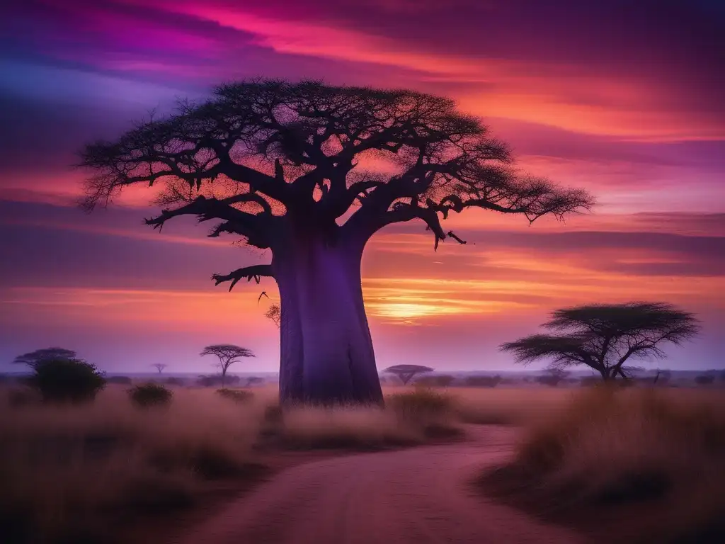 Conexión misteriosa entre loa vudú y más allá africano: paisaje africano vibrante al atardecer, baobab solitario, figuras danzantes, atmósfera mística