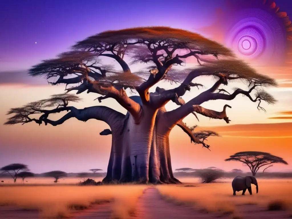 Atardecer místico en la sabana africana con árbol Baobab y tortuga enigmática, símbolo de Dios tortuga en mitología africana