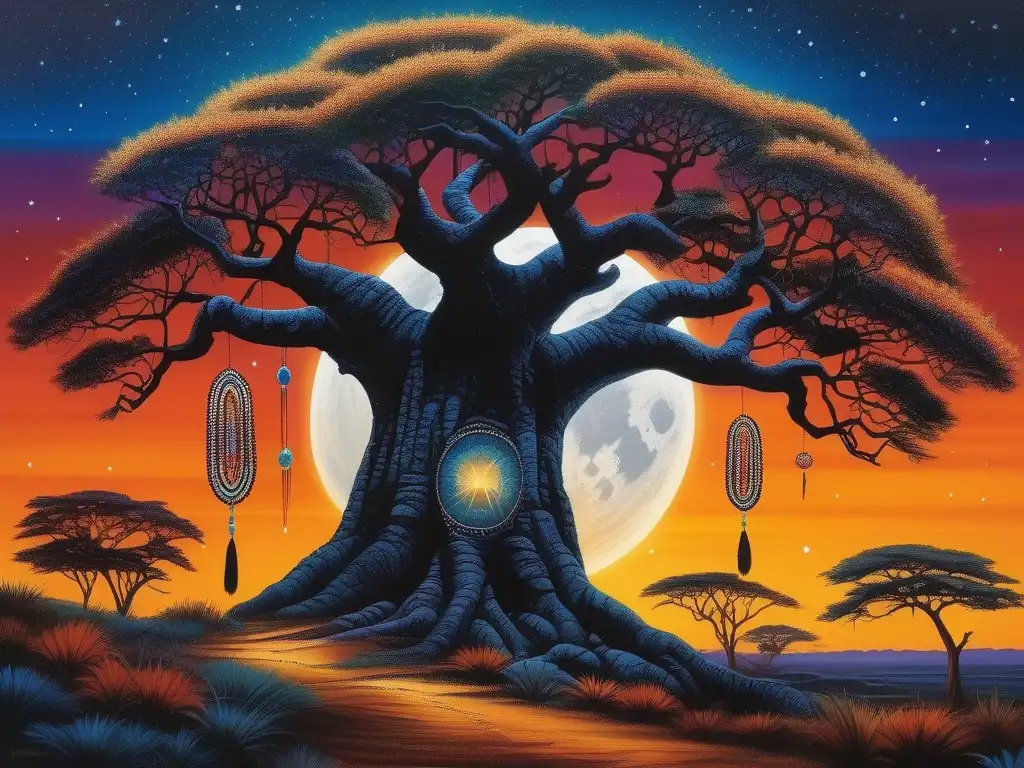 Paisaje africano con árbol baobab y protectores de sueños, influencia de la cultura africana