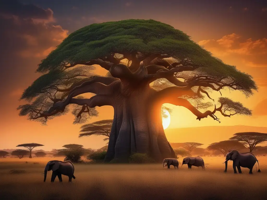 Paisaje africano al atardecer con criaturas ancestrales mitológicas africanas