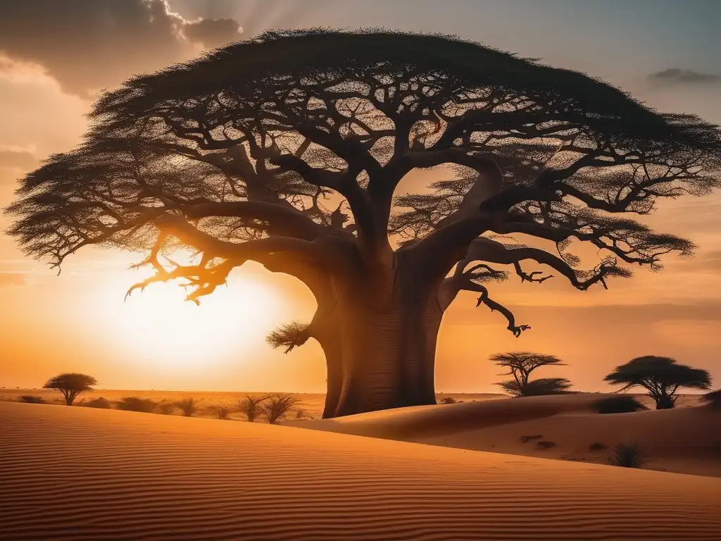 Paisaje africano al atardecer con baobab y monstruos mitológicos del desierto