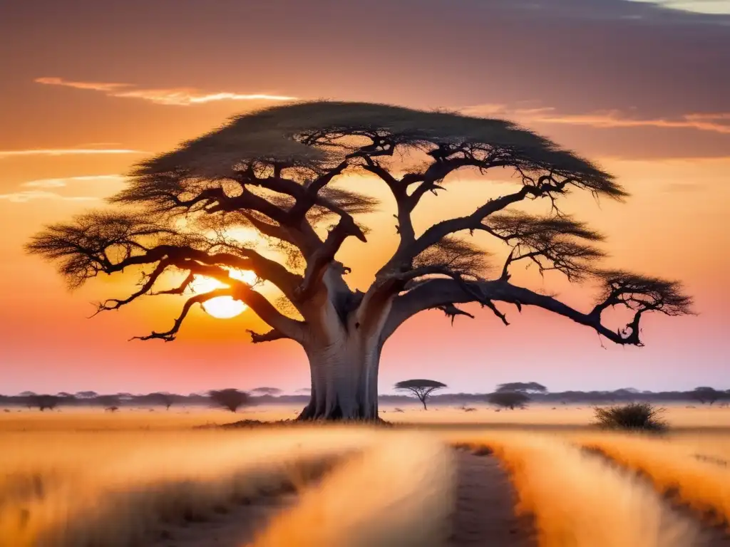 Interpretación de espíritus naturaleza África: vasta sabana dorada con baobab solitario y cielo mágico