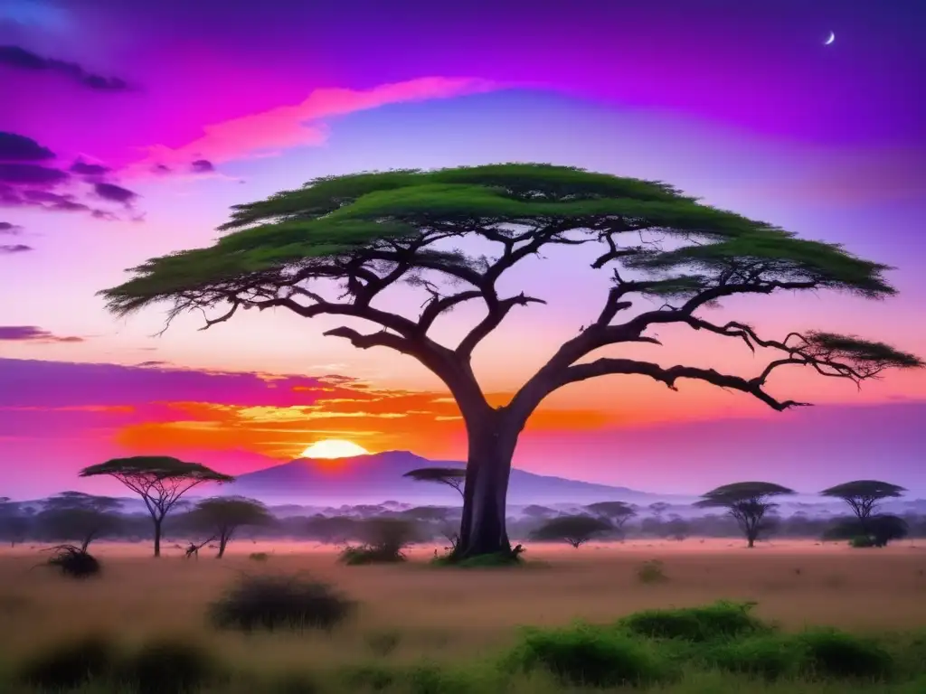 Paisaje africano al atardecer con espíritus de la naturaleza