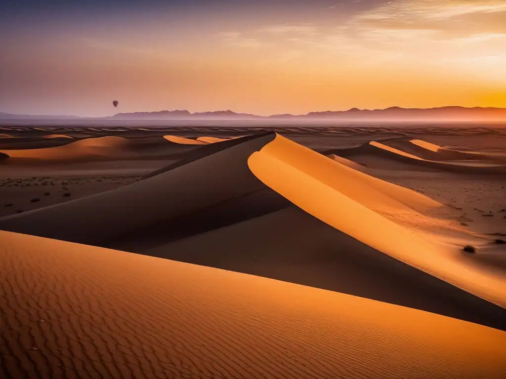 Desierto africano al atardecer con criaturas mitológicas