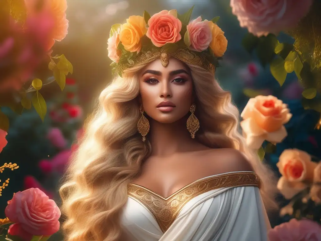 Afrodita en la cosmética actual: diosa del amor y la belleza, rodeada de flores, con una corona de rosas y una vial de líquido brillante