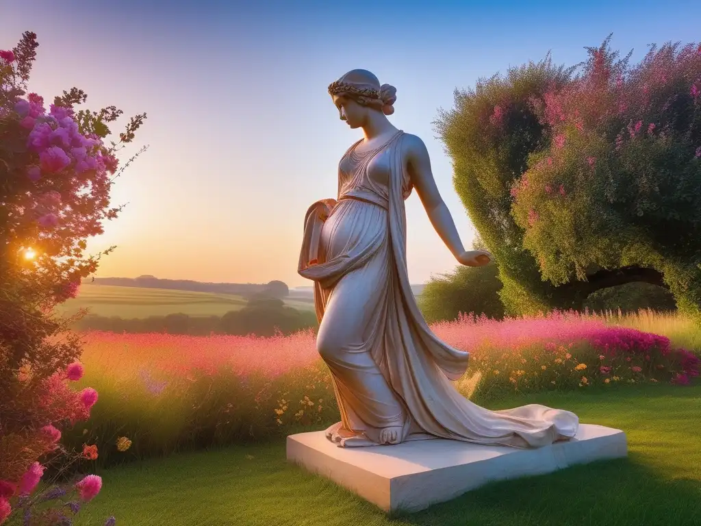 Trágicas historias de amor mitológico: escena serena y etérea con estatuas de Aphrodite y Ares en un prado de flores vibrantes