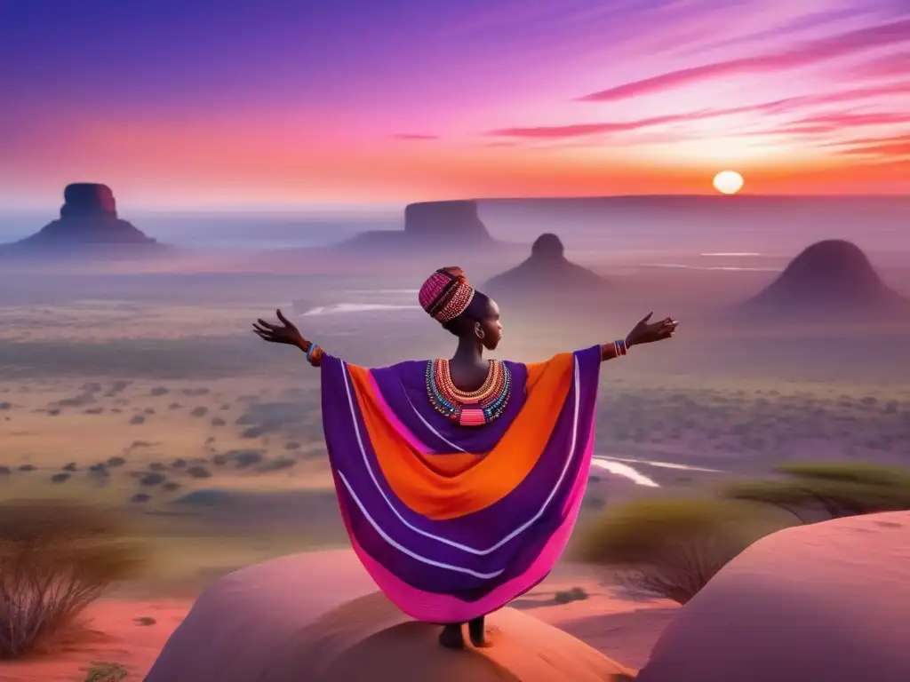 Paisaje africano al atardecer con figura solitaria y espíritus guía tradición africana