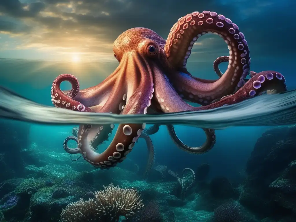 Leyenda pulpo gigante Akkorokamui Ainu emerge en el mar con tentáculos sinuosos y colores vibrantes