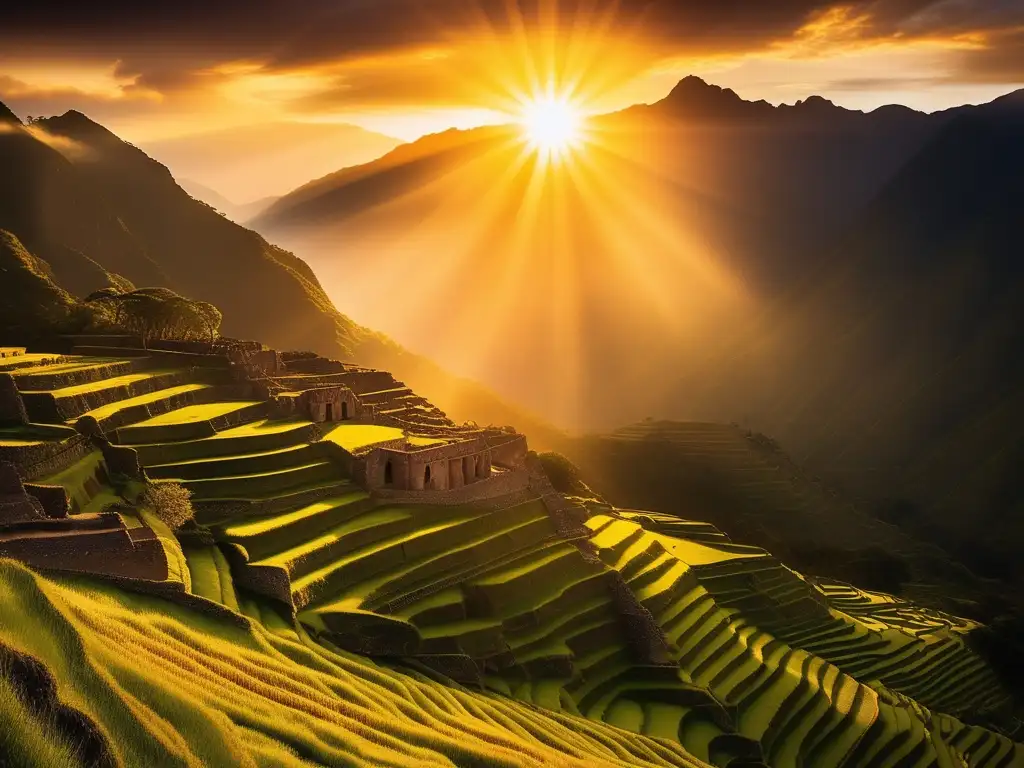 Amanecer dorado en montañas nebulosas, con deidad del sol más poderosa iluminando paisaje misterioso con ruinas incas