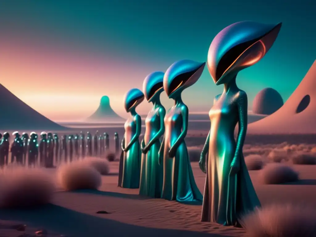 Alienígenas en la ciencia ficción salvadores - Imagen de paisaje surrealista con alienígenas elegantes, vestidos futuristas y piel iridiscente