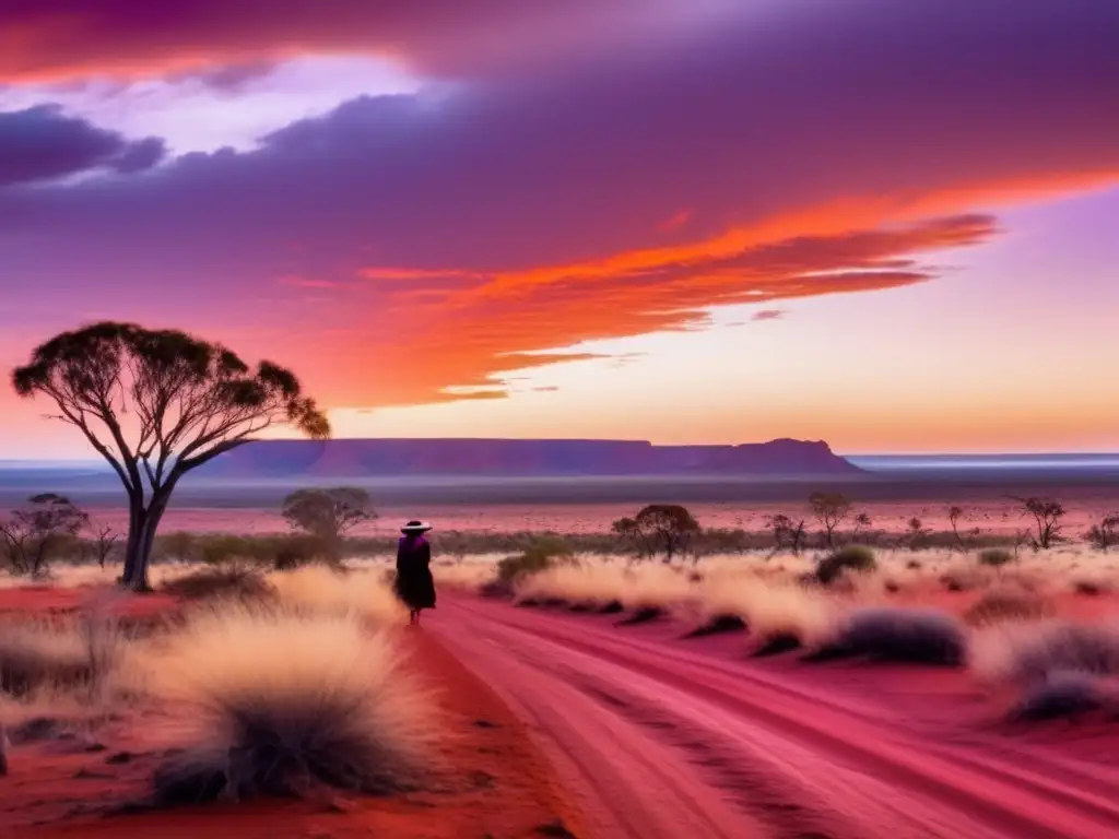 Paisaje al amanecer en el Outback australiano con mitología aborigen