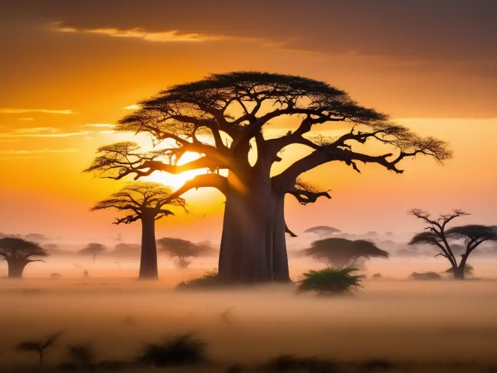 Criaturas mitológicas africanas en literatura: Paisaje etéreo, amanecer en la sabana africana