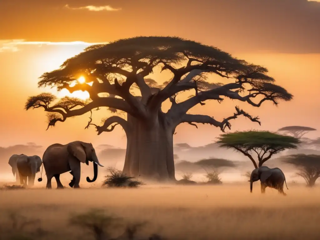 Espíritus de la Naturaleza Africanos en una mañana dorada en la sabana con baobab y elefantes