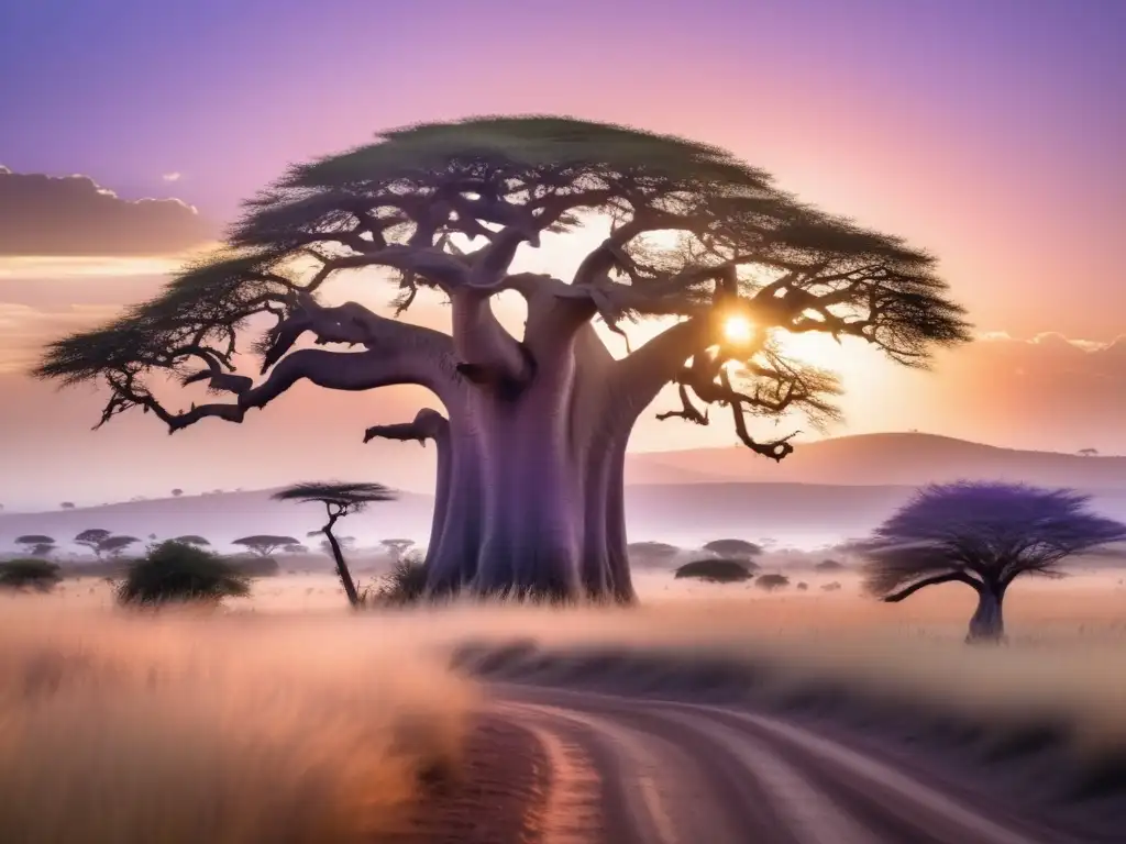 Un paisaje africano sereno al atardecer con un majestuoso árbol baobab y carvings del dios de la muerte Yum Cimil