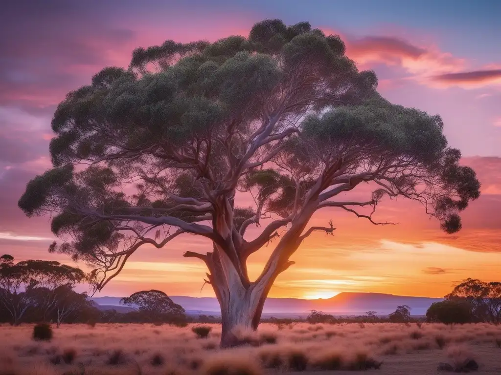 Paisaje australiano al atardecer con árbol de goma y arte aborigen: Influencia Dioses Espíritus Australianos Cultura