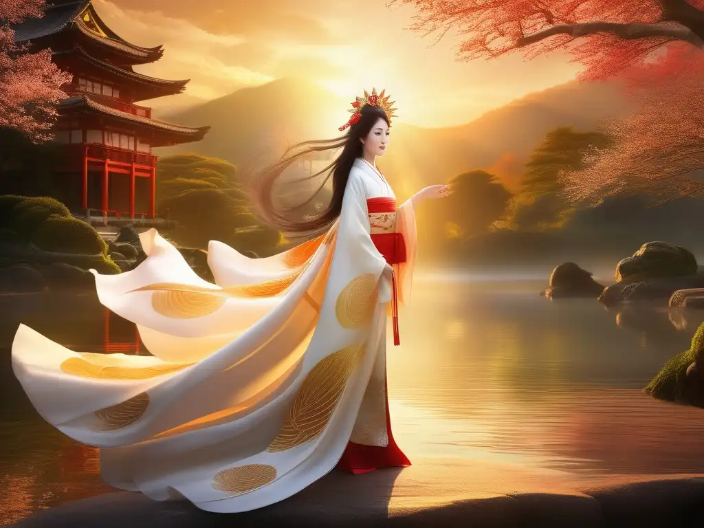 Mitología japonesa: Amaterasu, diosa iluminadora en paisaje celestial