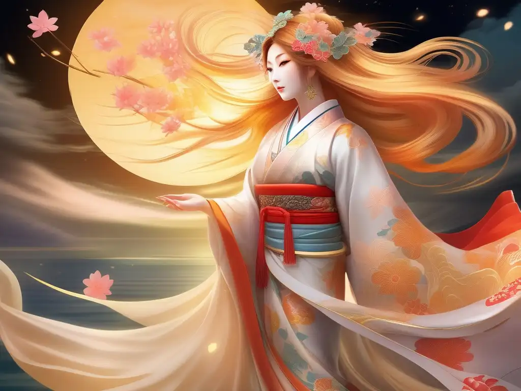 Imagen: Amaterasu, diosa iluminadora de la mitología japonesa, radiante y etérea con cabello dorado y kimono tradicional