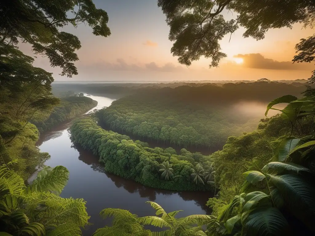 Criatura mitológica Boiúna en la Amazonas al atardecer, con densa vegetación y río serpenteante