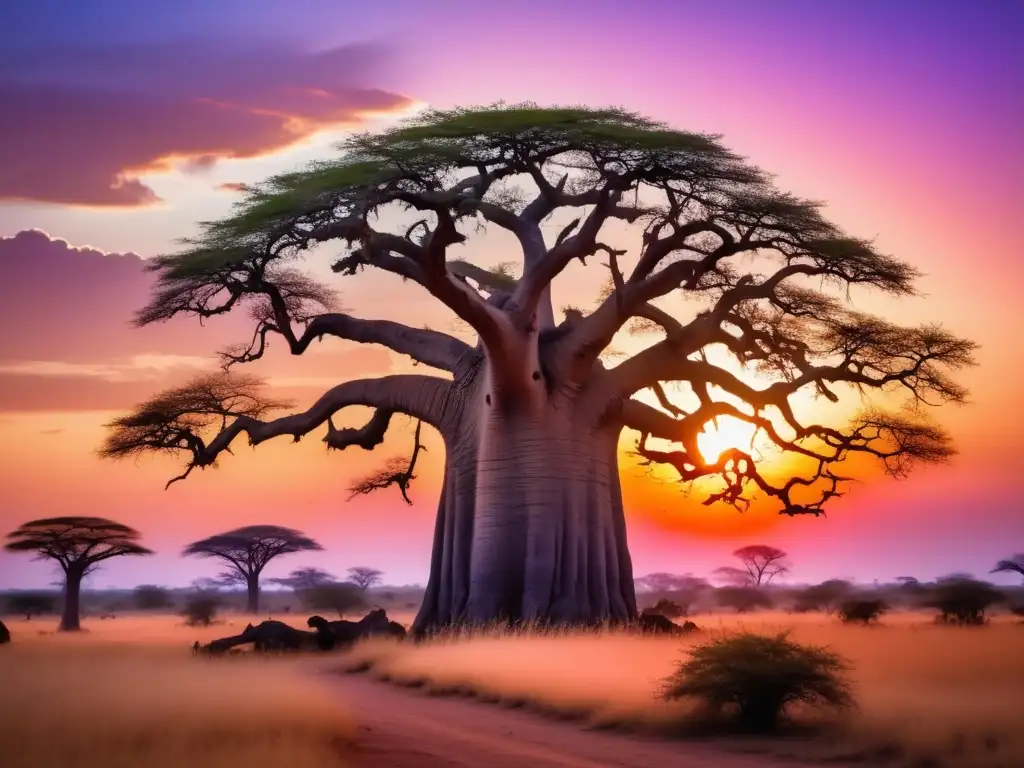 Paisaje africano al atardecer con árbol Baobab, amuletos y talismanes africanos de protección