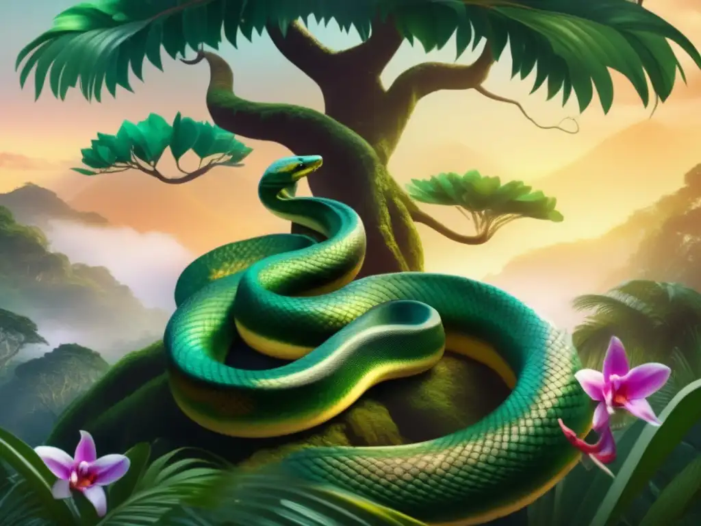 Ilustración etérea de entidades míticas del Amazonas, anaconda, árbol kapok, orquídeas, bromelias, río Amazonas, chamanes indígenas (110 caracteres)