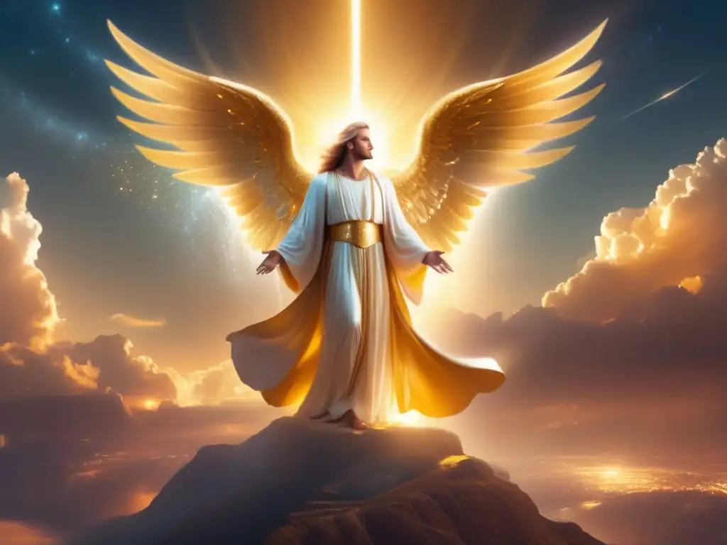 Imagen del Ángel Uriel, figura majestuosa en luz dorada celestial, con alas extendidas y expresión serena