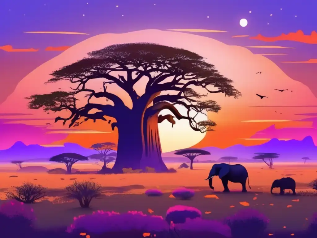 Espíritus de la Naturaleza en la Mitología Africana revelados: Paisaje africano con savannah, baobab, cascadas y animales místicos