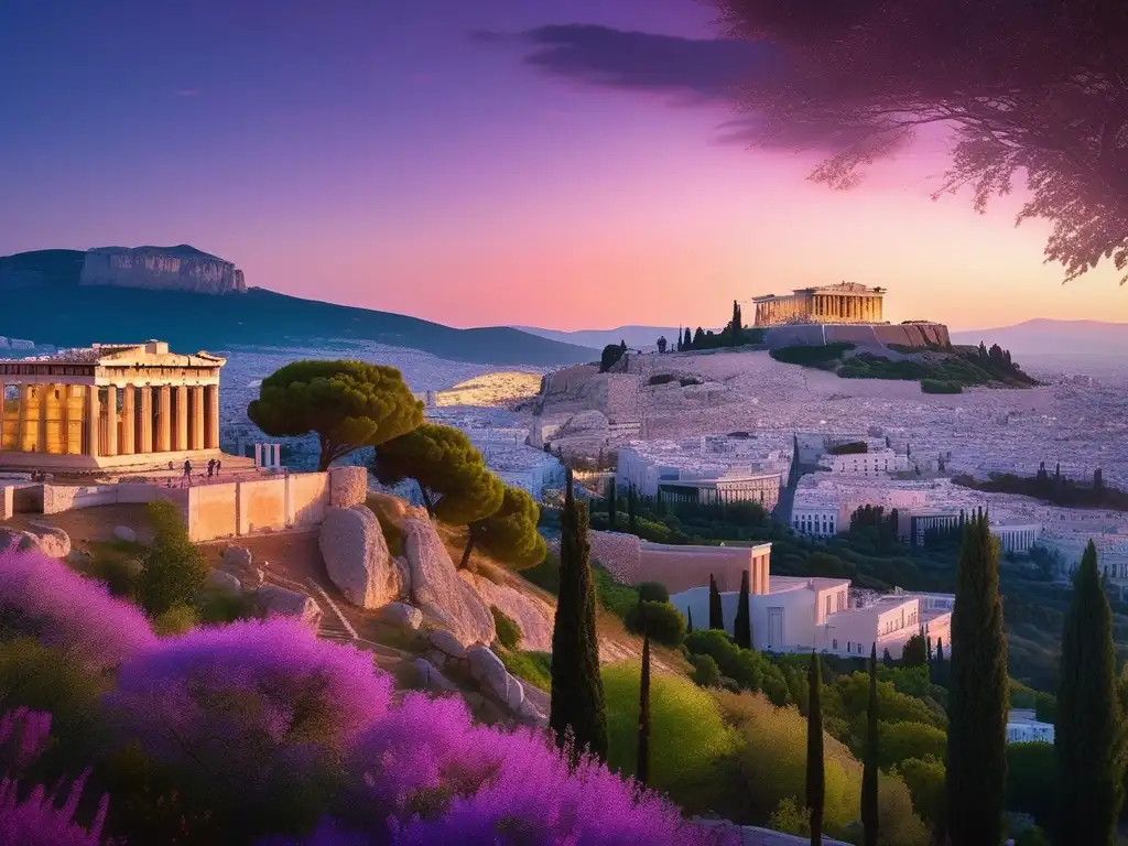 Vista mágica de Atenas al anochecer, con el Parthenon iluminado