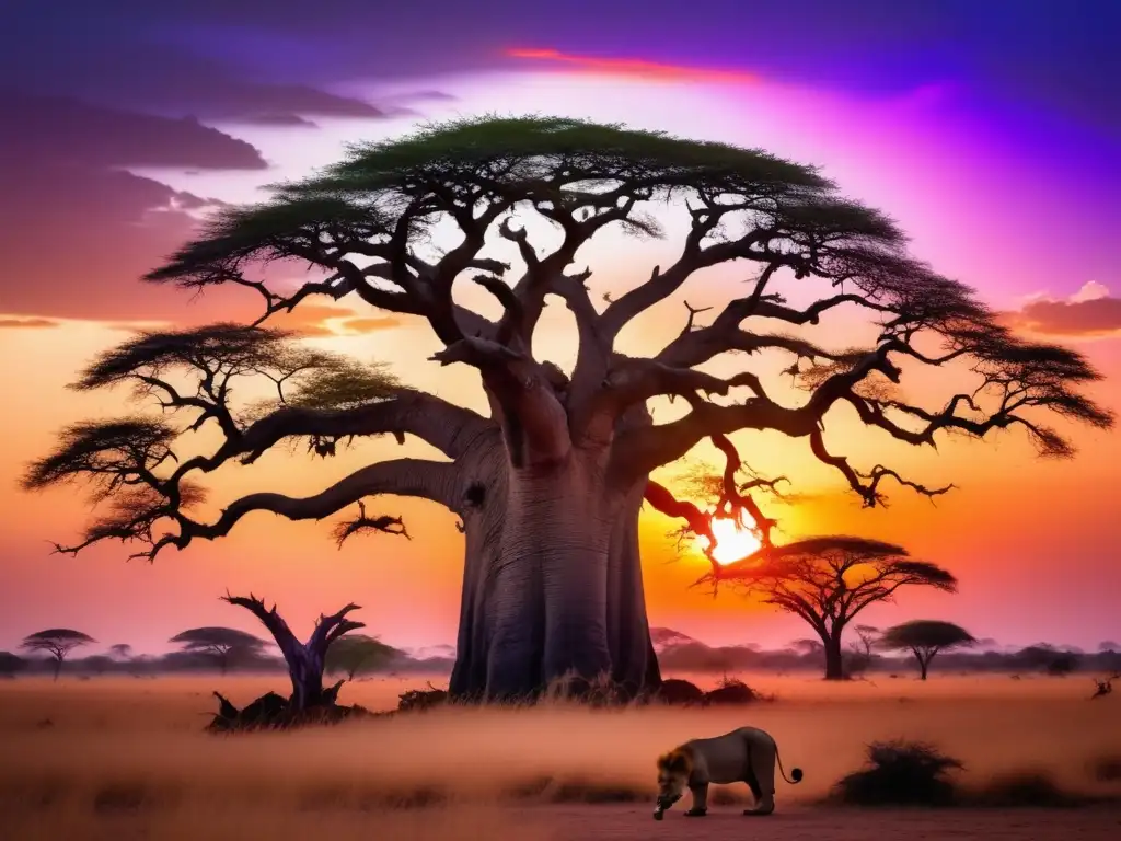 Paisaje africano al atardecer con árbol Baobab y criaturas ancestrales: mitos y cultura africana