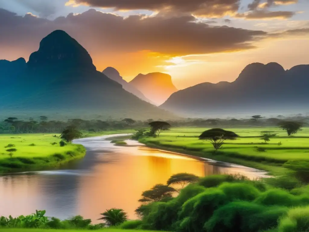 Encuentros mágicos con Espíritus Naturaleza África - Paisaje africano sereno al atardecer, con un río serpenteando entre la escena