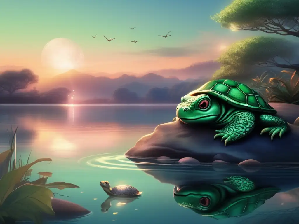 Imagen de un Kappa, criatura mítica japonesa, en un río sereno al atardecer