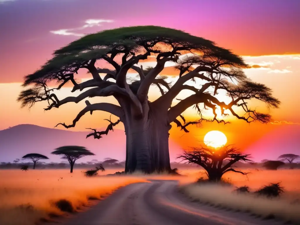 Criaturas ancestrales africanas: místico paisaje con baobab, savannah y cielo anaranjado, rosa y morado