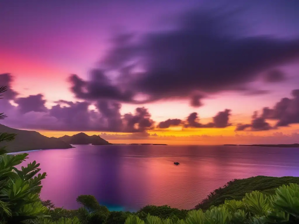 Criaturas mitológicas en las Islas Marianas nadando en un atardecer mágico