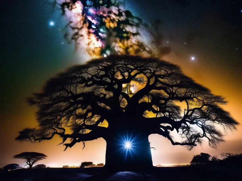 Leyendas de reyes muertos: Imagen mística de un Baobab y estrellado cielo nocturno