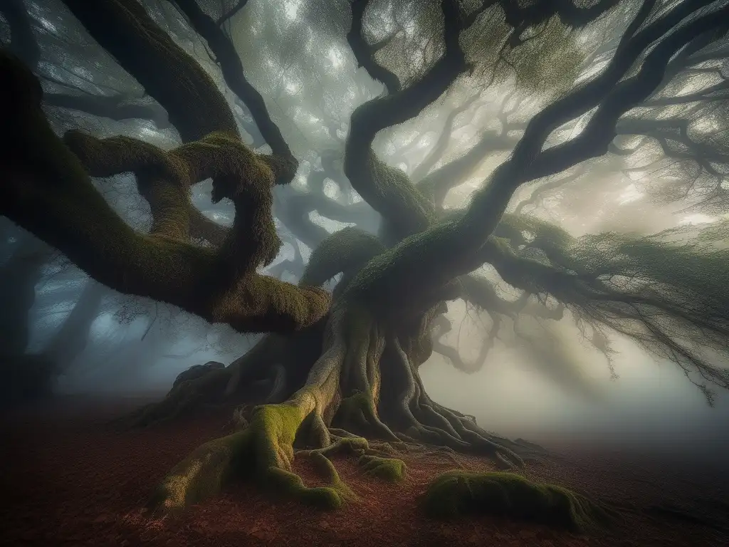 Maldiciones humanas mitológicas reales: árbol antiguo, niebla misteriosa, luces danzantes, cielo estrellado