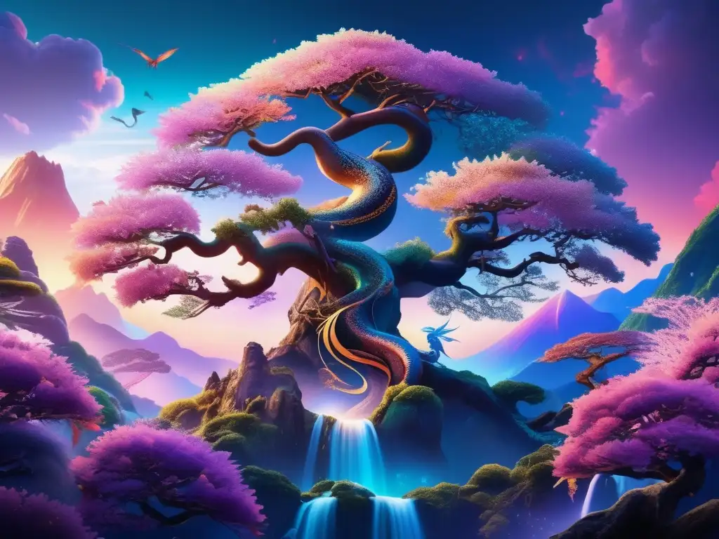 La influencia de la mitología en el anime: majestuoso árbol rodeado de criaturas míticas en paisaje etéreo y detallado 8k