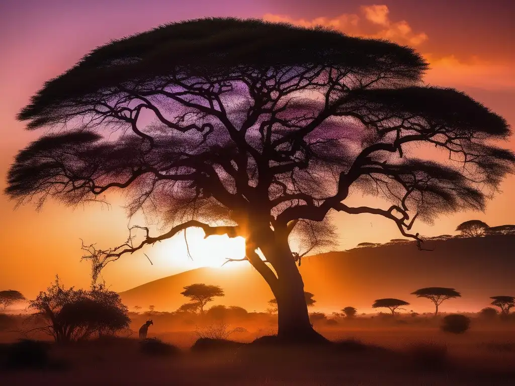 Paisaje africano al atardecer con árbol solitario en primer plano - Dios chacal mitología africana