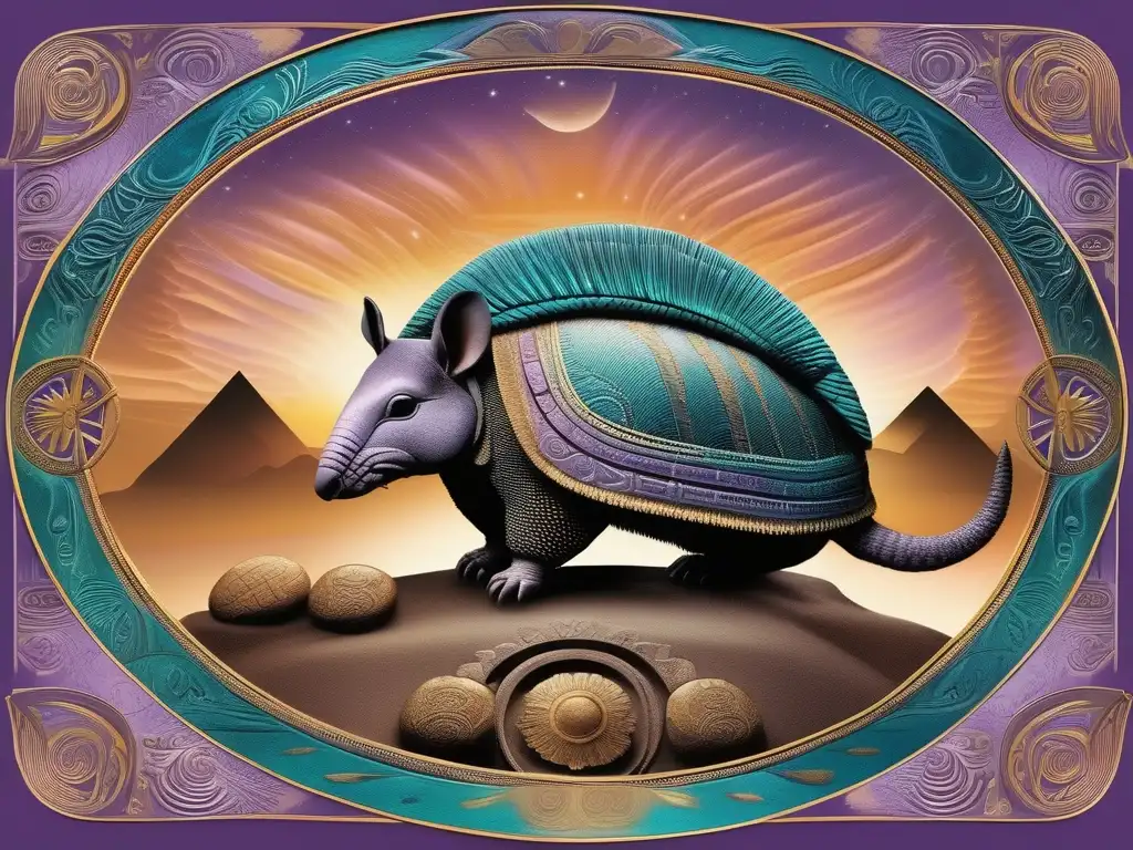 Dios Armadillo en la mitología mesoamericana, escena celestial de ensueño con símbolos y colores lumínicos