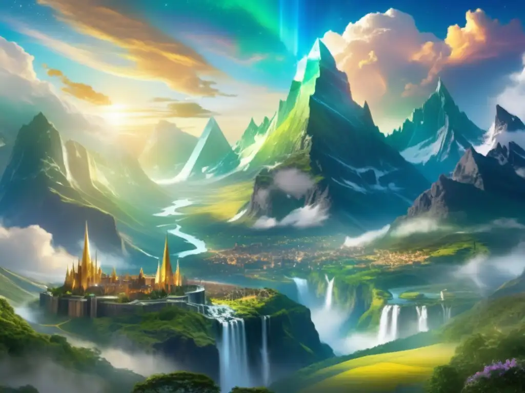 Paisaje mágico de Asgard, hogar de los dioses nórdicos, con vibrantes colores celestiales y majestuosas montañas verdes