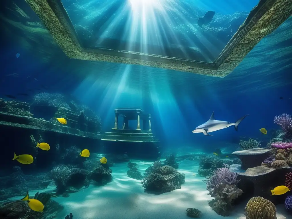 Historia de Atlantis y mitología marina en un escenario submarino mágico