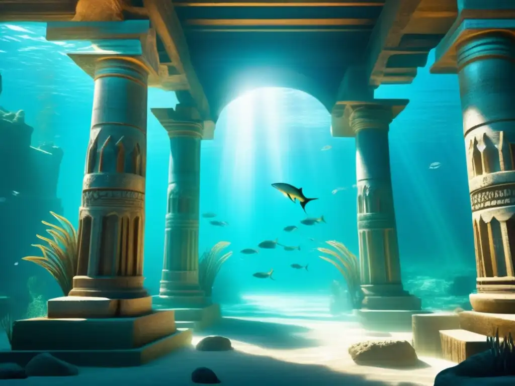 Historia de Atlantis y mitología marina en un escenario submarino impresionante