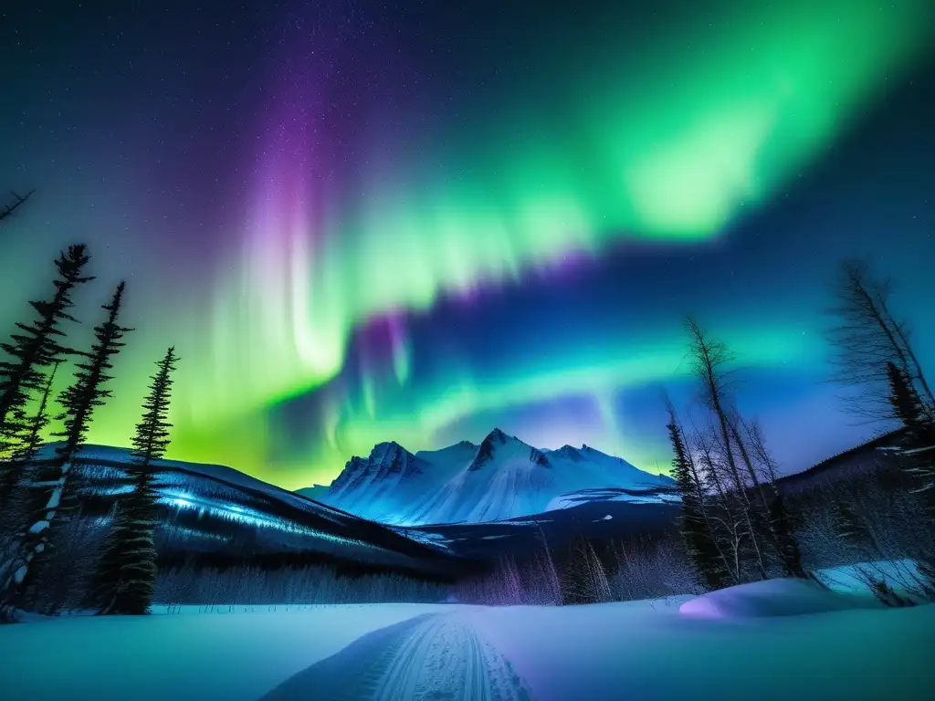 Aurora Boreal en Alaska: Criaturas mitológicas nativas emergen en paisaje nevado, revelando leyendas de Alaska