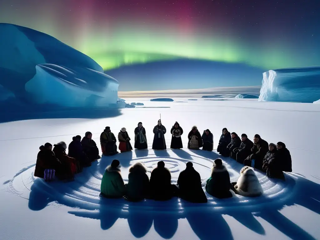 Paisaje con aurora boreal y espíritus de la naturaleza Inuit