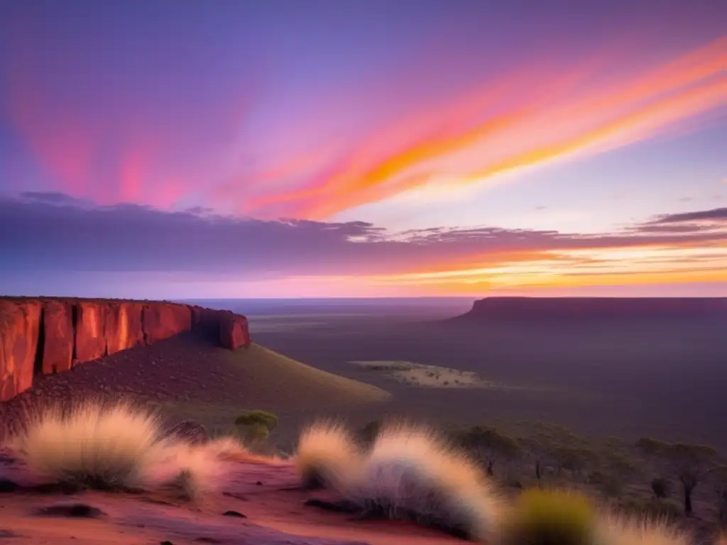 Mitología Australiana en Literatura y Cine: Paisaje etéreo con figura aborigen, símbolos y criaturas míticas