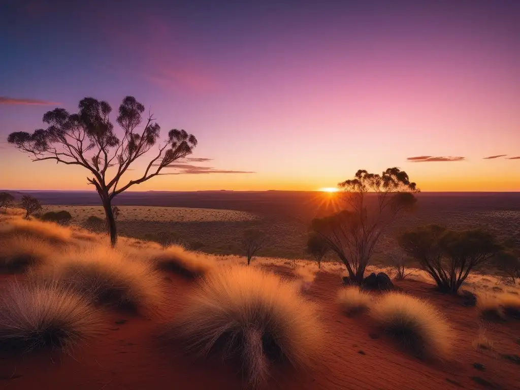 Paisaje mágico del outback australiano al atardecer con canguro saltando - Mitología Australiana Dioses Sol Luna