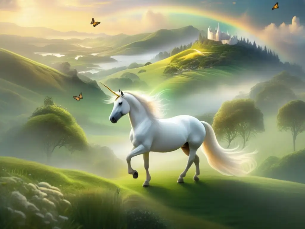 Criaturas mitológicas en Avalon: paisaje verde vibrante, unicornio blanco, cascada brillante, aire místico