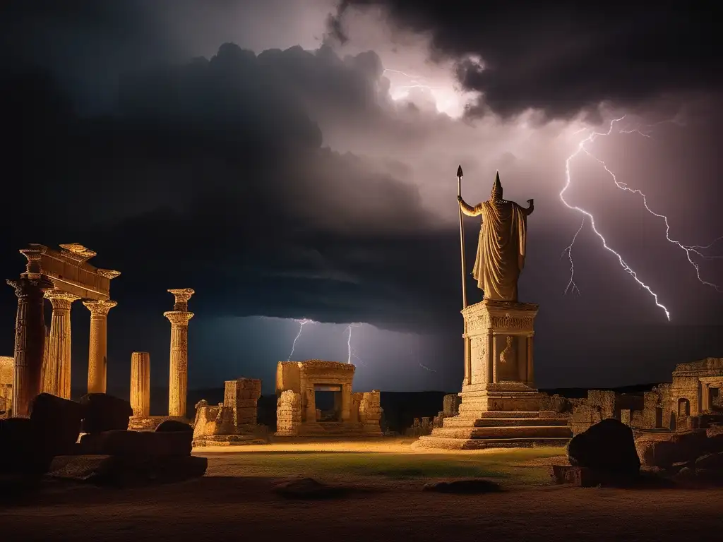 Majestuosa tormenta sobre ruinas antiguas de Canaán con la deidad Baal y paisajes verdes (110 caracteres)