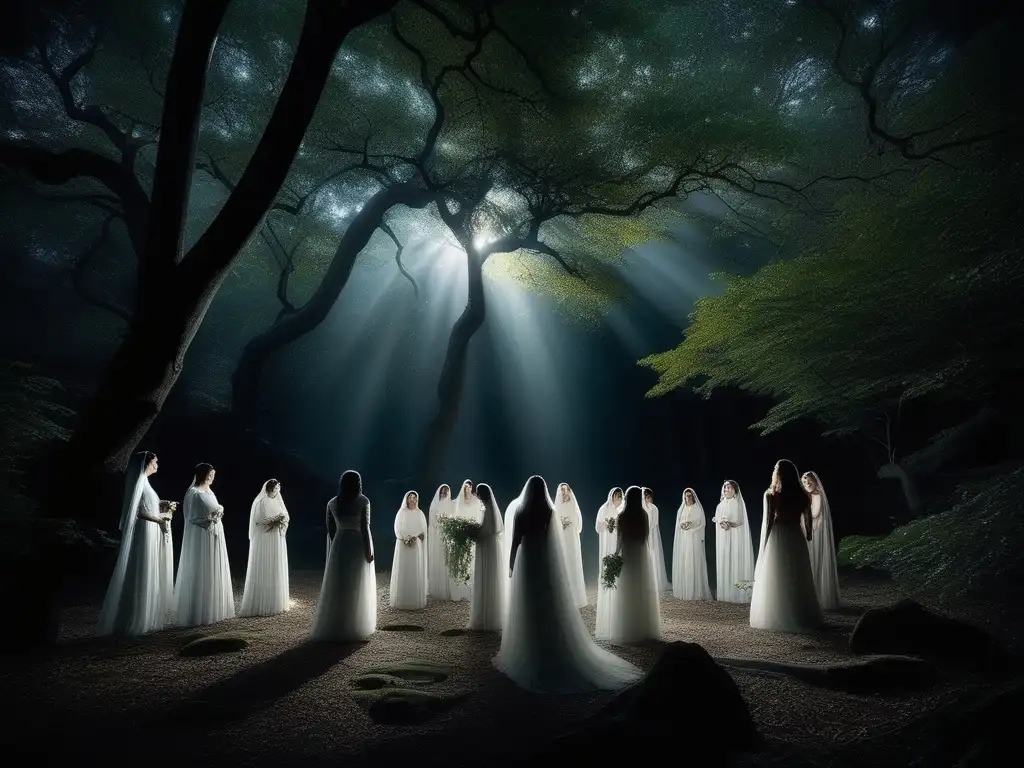 Imagen: Origen misterioso Banshees: Espíritus femeninos en un bosque nocturno -