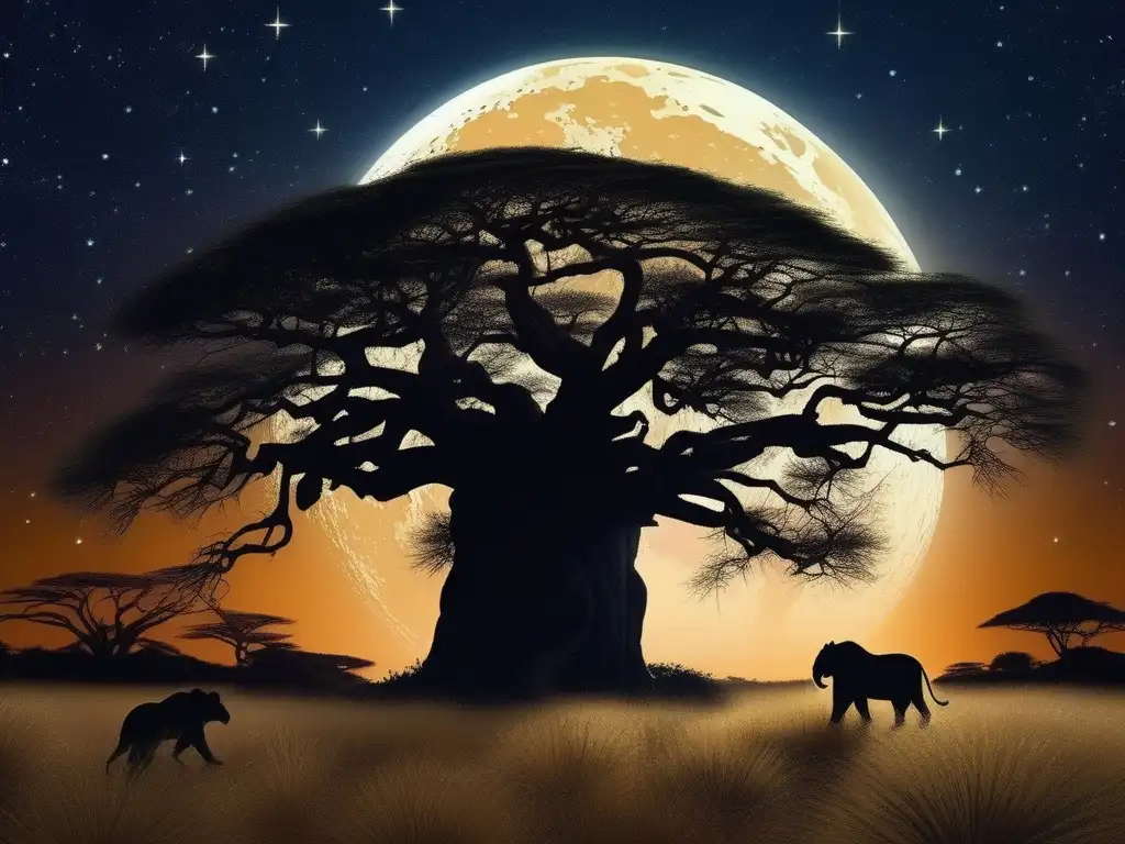 Paisaje nocturno africano con árbol baobab antiguo y divinidad temida en mitología africana